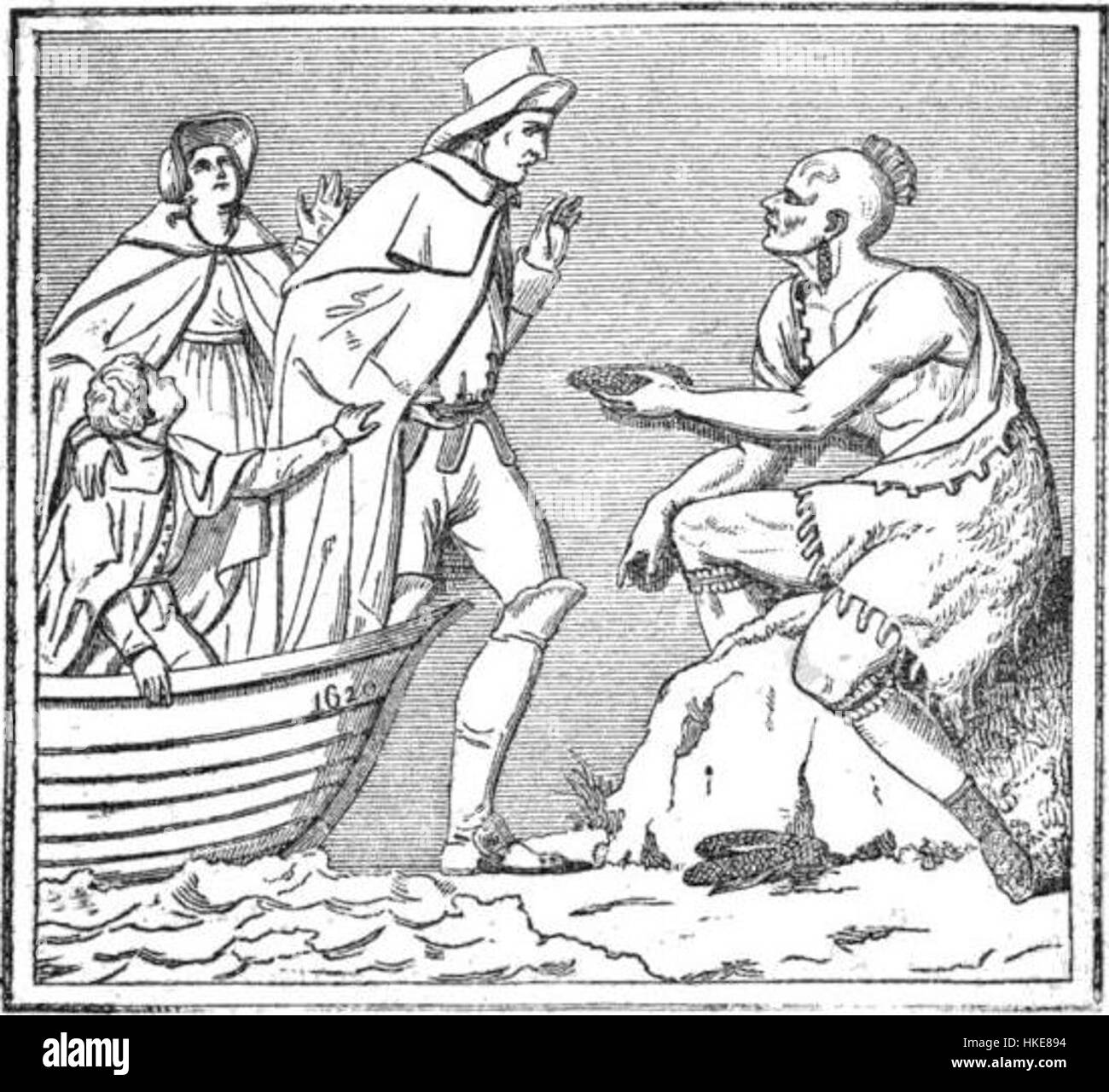 Le tableau 'débarquement des pèlerins' de Causici représente le moment historique de l'arrivée des pèlerins en Amérique. Il met en lumière leur voyage et le début de leur installation dans le Nouveau monde. Banque D'Images