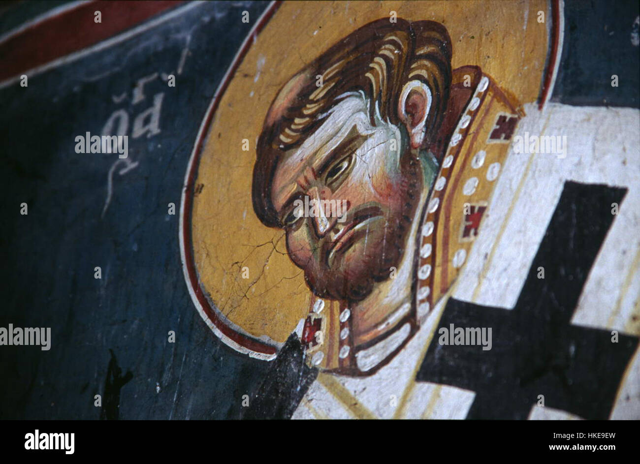 Les peintures de l'église Theotokos Peribleptos à Ohrid, datant du XIe siècle, représentent des scènes de la vie du Christ et de la Vierge Marie. Ces œuvres d’art de l’époque byzantine mettent en valeur la dévotion religieuse de l’époque et la maîtrise artistique de l’époque. Banque D'Images