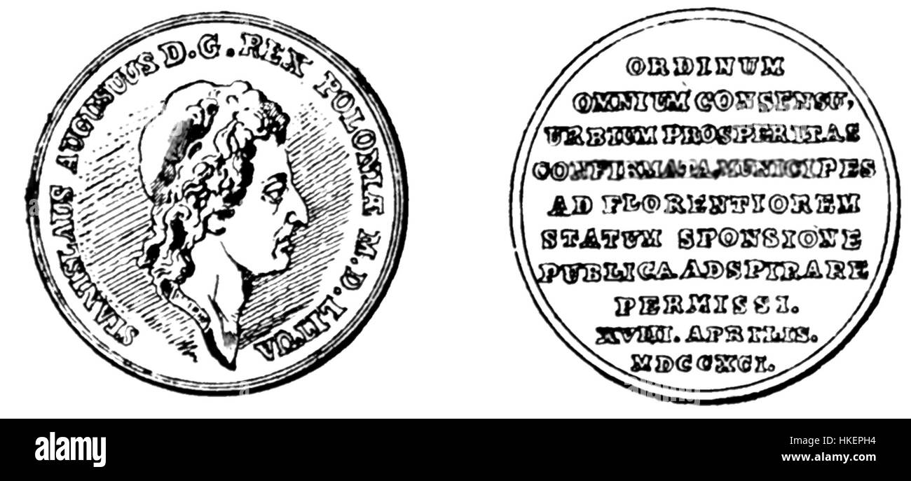 Cette médaille commémore la loi de 1791 sur les cités royales libres, un moment historique clé dans le développement du Commonwealth polono-lituanien. La loi accordait des privilèges importants à certaines villes, symbolisés par cette médaille, reflétant les réformes politiques de l'époque. Banque D'Images