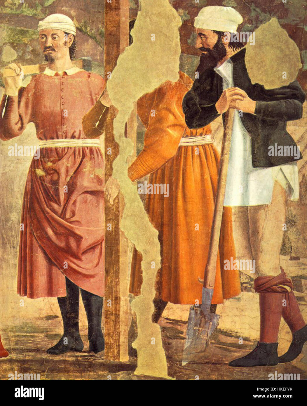 'Découverte et preuve de la vraie Croix' de Piero della Francesca, peint au XVe siècle, illustre le moment légendaire de la découverte de la vraie Croix par Helena. La pièce est connue pour sa composition géométrique et sa signification symbolique. Banque D'Images
