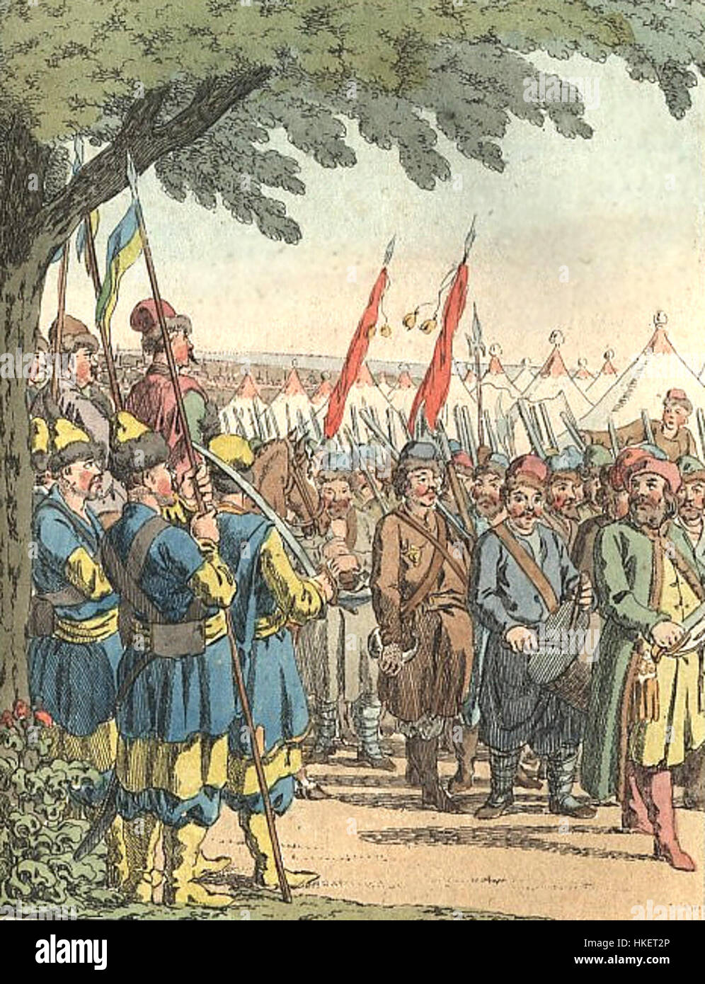 Cette peinture représente des soldats de l'armée polonaise en 1634, montrant les vêtements militaires et les armes utilisés pendant l'ère du Commonwealth polono-lituanien. La scène met en lumière le contexte historique du rôle militaire de la Pologne au XVIIe siècle. Banque D'Images