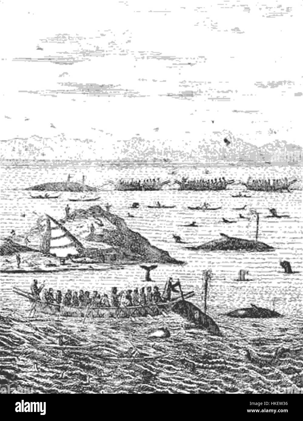 Peinture historique représentant les Groenlandais engagés dans des activités de chasse à la baleine, illustrant les pratiques traditionnelles des peuples inuits. L'œuvre d'art saisit l'importance culturelle et les dures réalités de la vie dans l'Arctique. Banque D'Images