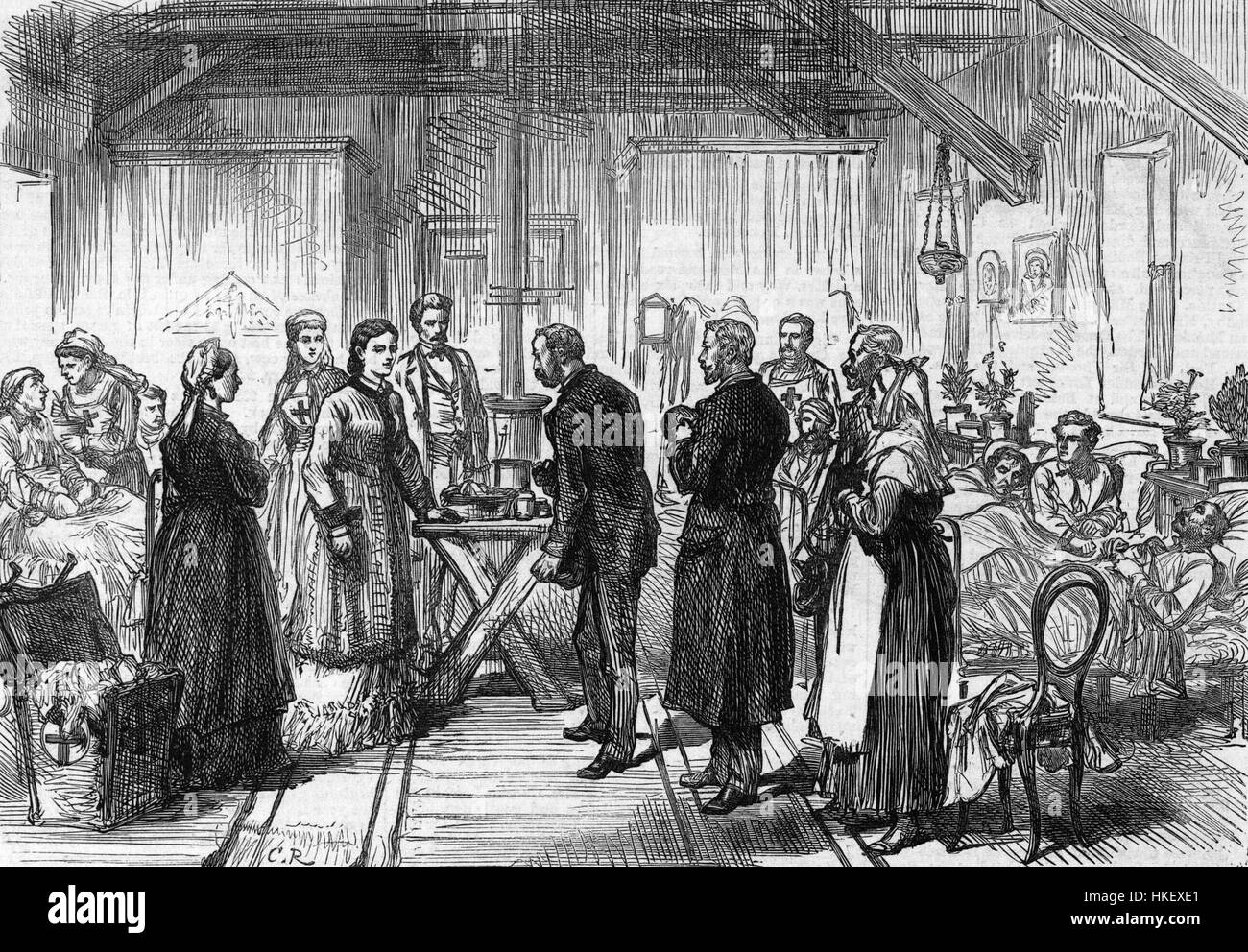 Cette œuvre représente l'hôpital de la Princesse de Roumanie à Bucarest, un site historique et architectural important. La peinture souligne la grandeur et la conception du bâtiment, reflétant l'influence du mécénat royal dans les soins de santé pendant la période. Le rôle de la princesse dans la fondation et l’établissement de l’hôpital est central dans le contexte historique de cette œuvre. Banque D'Images