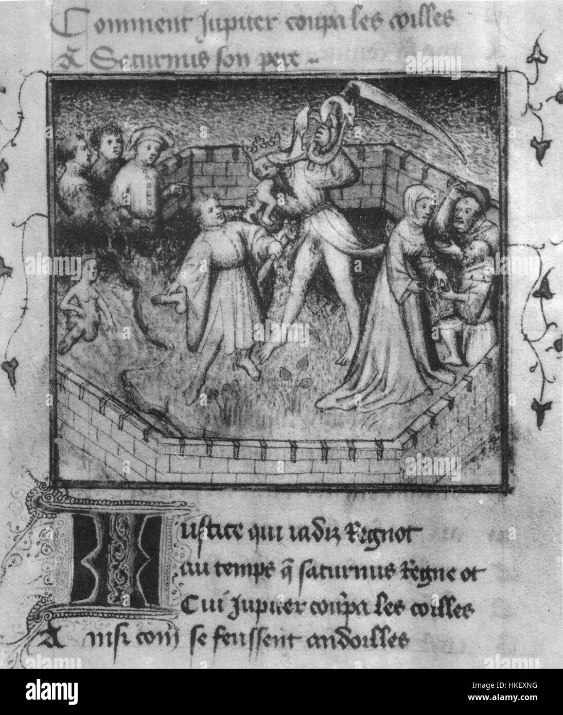 *La castration de Saturne* est un sujet mythologique célèbre dans l'art, représentant le moment où Saturne (Cronus) est castré par son fils Jupiter. Cet événement dans la mythologie grecque représente un moment clé dans la lutte de pouvoir entre les dieux, symbolisant souvent le transfert de l’autorité et le cycle du temps. Banque D'Images