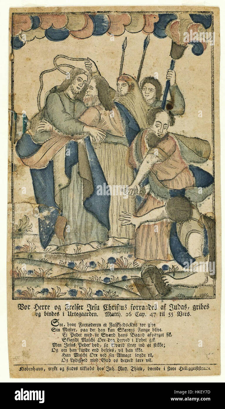 'VOR Herre og Frelser Jesu Christus forraades af Judas gribes og bindes i Urtegaarden' dépeint la trahison du Christ par Judas dans le jardin de Gethsémani. Cette peinture historique capture le moment charnière de la tradition chrétienne. Banque D'Images