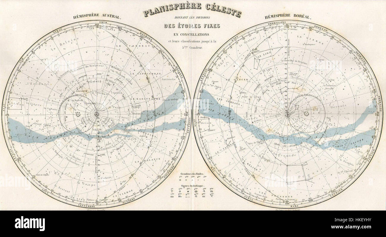 La carte Migeon de 1878 des étoiles et constellations, également connue sous le nom de Planisphère Celeste, est une carte astronomique historique qui cartographie le ciel nocturne. Il fournit un plan détaillé des étoiles et des constellations visibles à la fin du XIXe siècle, servant d'outil pédagogique pour les astronomes et les stargazers. Banque D'Images
