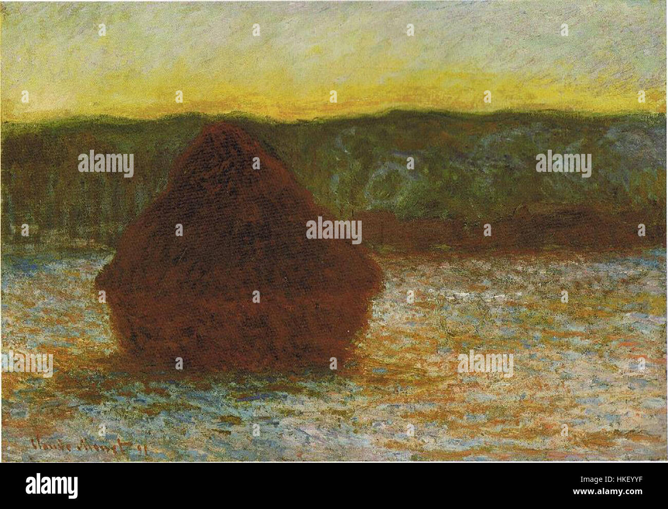 « Wheatstack (Thaw, Sunset) » de Claude Monet, peint entre 1890 et 91, présente le portrait impressionniste emblématique d'une pile de blé au coucher du soleil, mettant en valeur la maîtrise de Monet en matière de lumière et de couleur. Banque D'Images