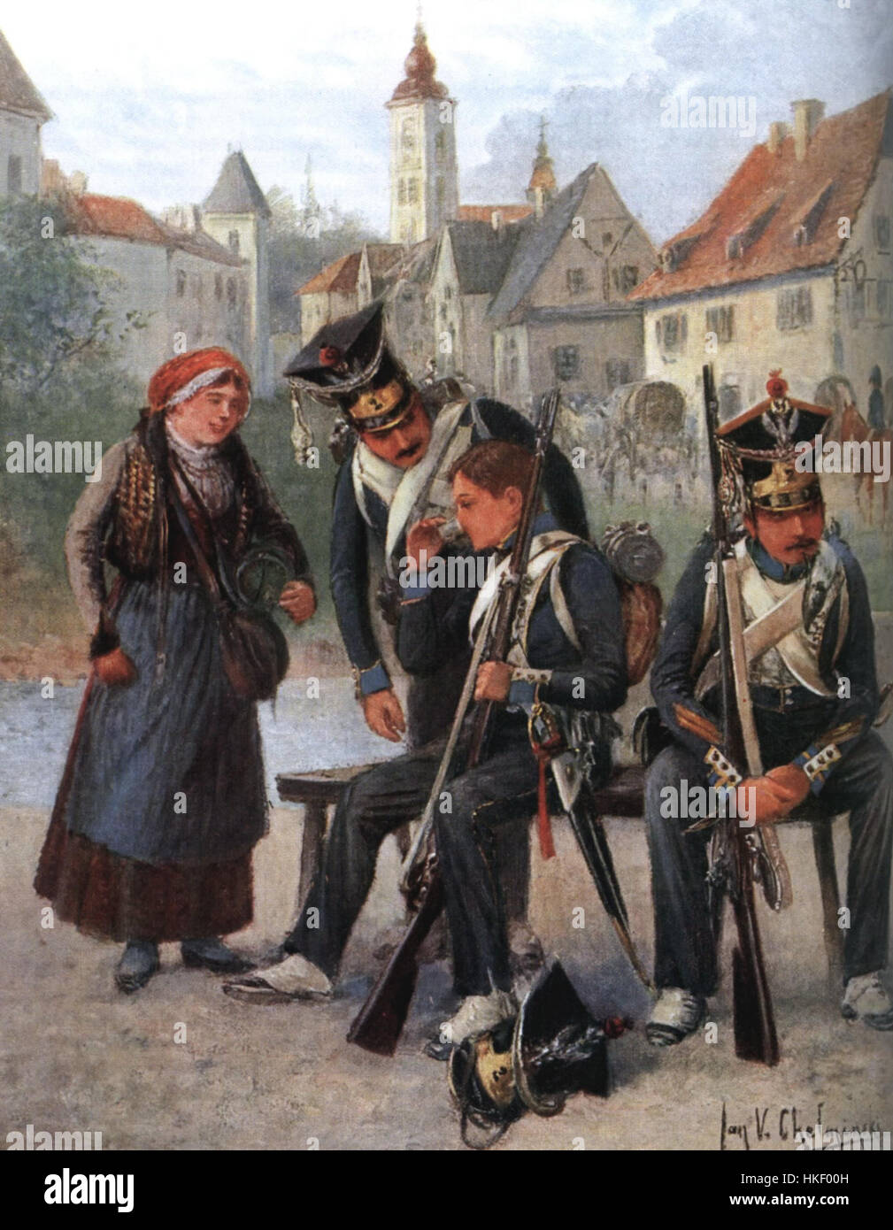 Ce tableau représente des soldats du 2e régiment d'infanterie du duché de Varsovie, une unité militaire formée pendant l'ère napoléonienne. Le régiment faisait partie de l’armée polonaise et participait à plusieurs batailles importantes pendant les guerres napoléoniennes, symbolisant la lutte de la Pologne pour l’indépendance. Banque D'Images