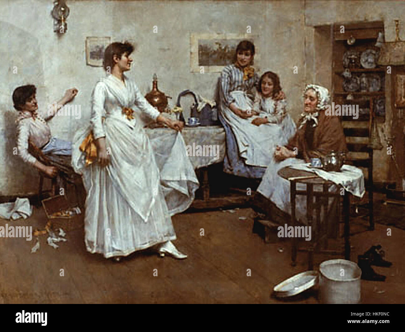 *Une répétition de robe* d’Albert Chevallier Tayler, peinte en 1888, représente un moment dans une production théâtrale. L’œuvre capture la préparation en coulisses et la tension avant un spectacle, mettant en valeur l’habileté de Tayler à capturer l’émotion humaine et l’environnement de la scène. Banque D'Images