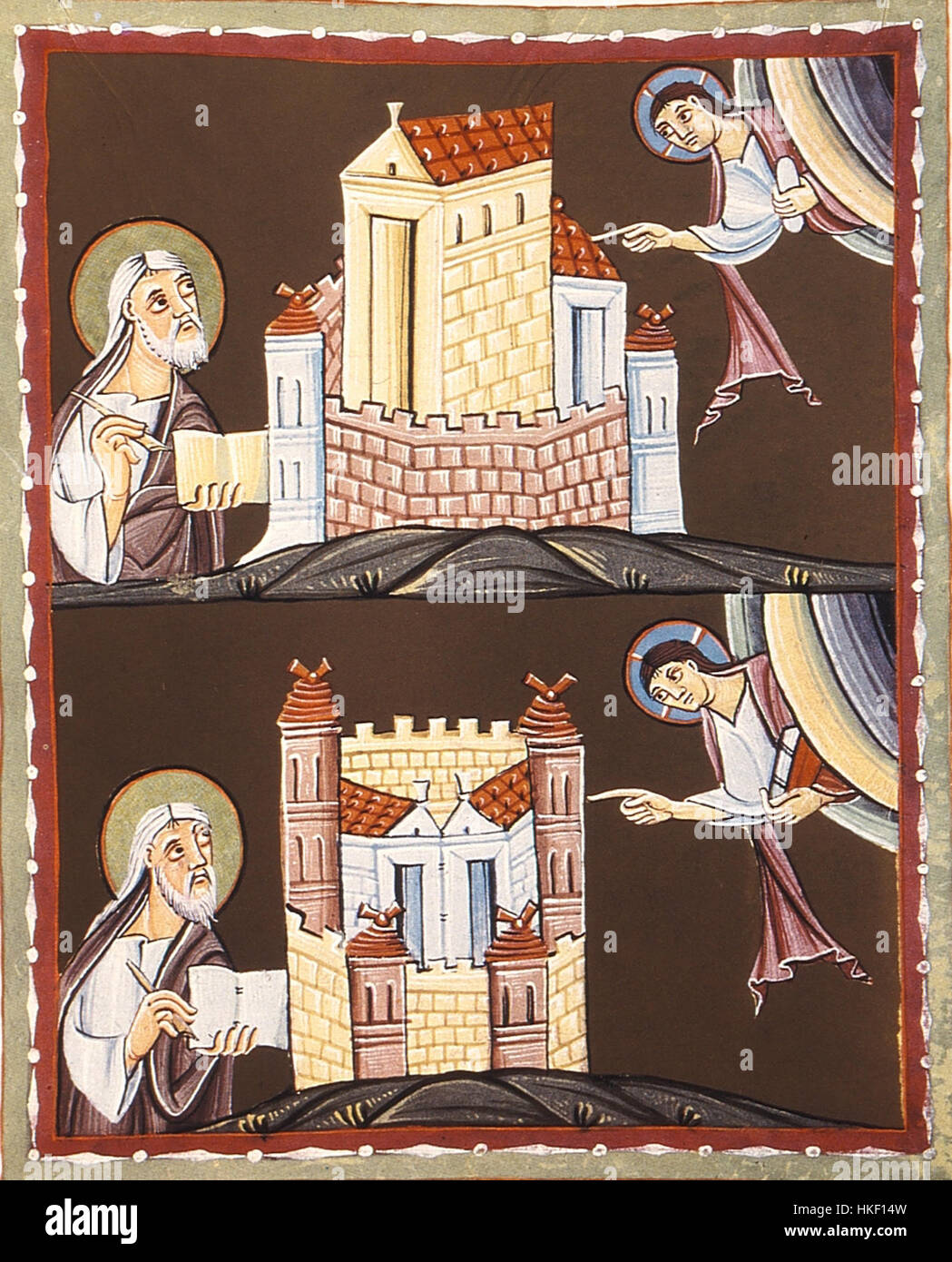 Cette page du manuscrit de l'Apocalypse de Bamberg, datée du XIe siècle, représente la lettre de l'apôtre Jean aux communautés chrétiennes de Sardes et Philadelphie. Le manuscrit est un riche exemple d'art religieux médiéval, avec des détails complexes et une illumination vibrante reflétant les prophéties bibliques. Banque D'Images