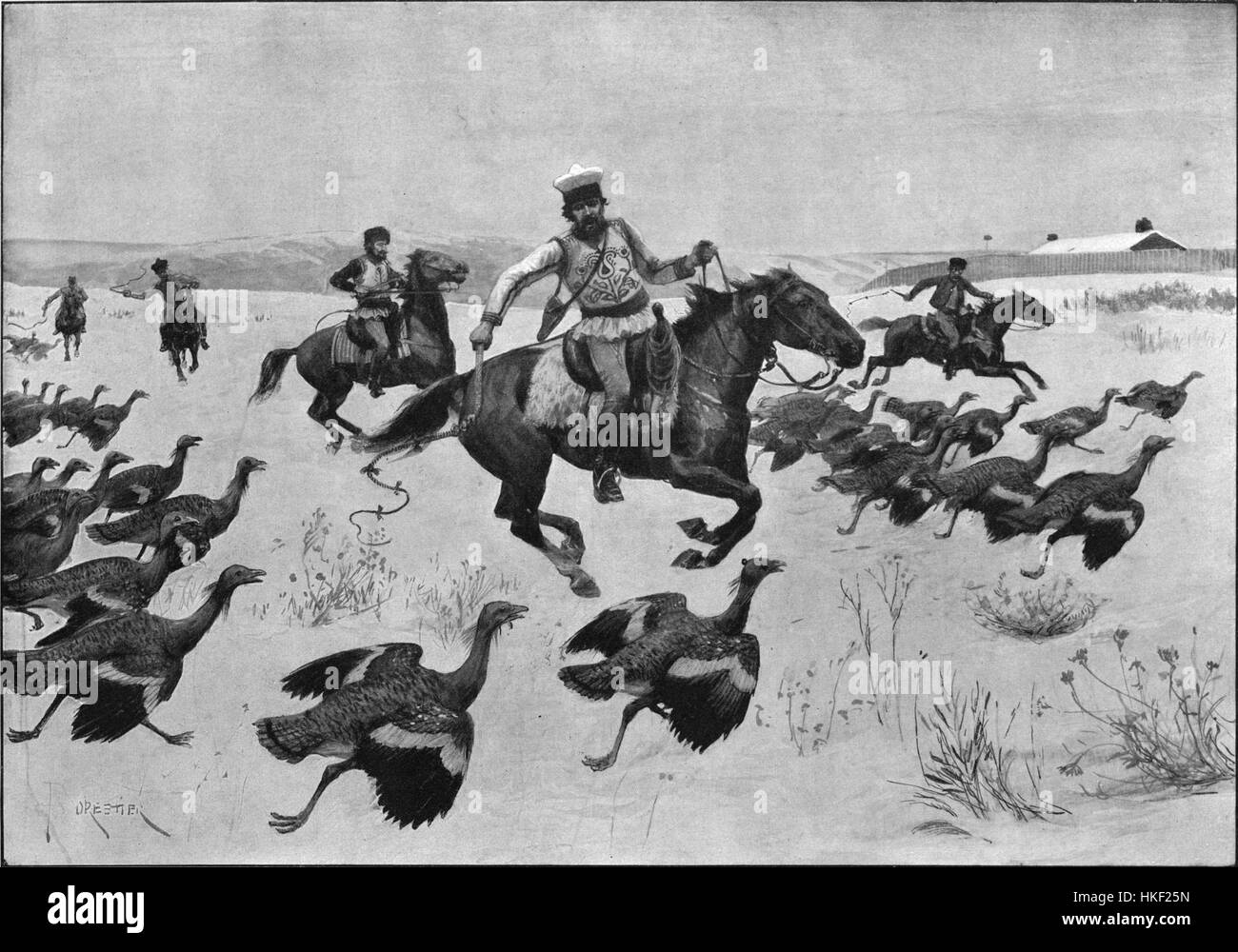 Cette œuvre représente les outardes ailées gelées, une espèce d'oiseau, manipulée par les paysans roumains. Il capture les conditions difficiles auxquelles sont confrontés les oiseaux et les paysans pendant les hivers froids, soulignant la relation entre la survie humaine et la faune dans les climats difficiles. La peinture est un exemple d'art historique représentant la vie rurale et les luttes de la nature en Europe de l'est. Banque D'Images