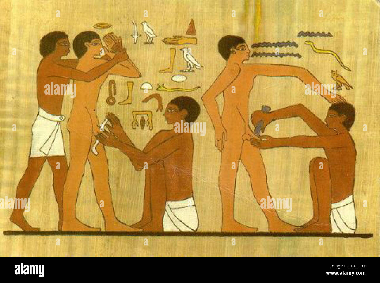 L'œuvre d'art intitulée 'circoncision Sakkara 3' représente une scène égyptienne antique, mettant l'accent sur la pratique de la circoncision. La peinture reflète les coutumes et les rituels égyptiens anciens tels que décrits dans les découvertes archéologiques. Banque D'Images