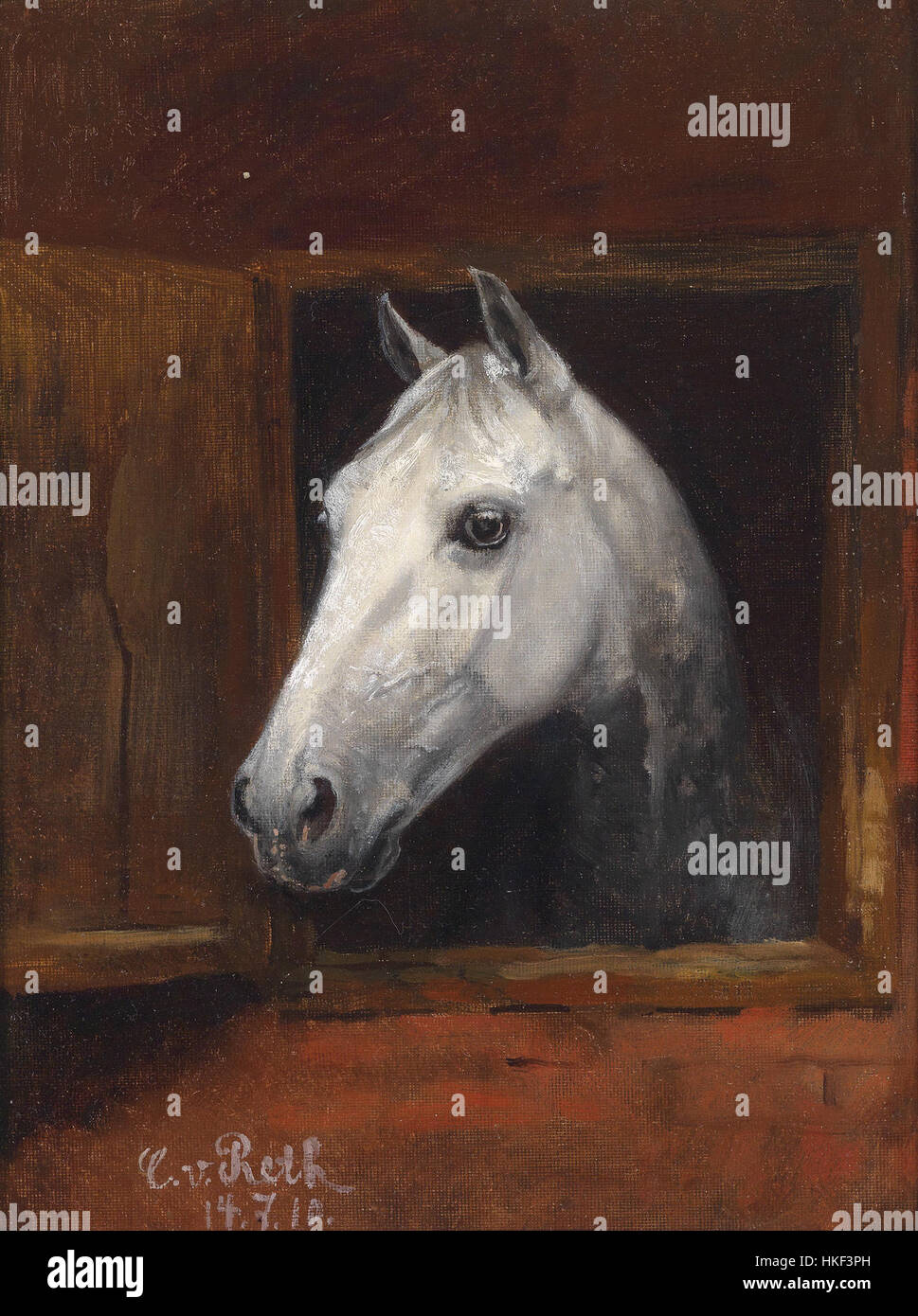 'Portrait eines Schimmels' de Caspar von Reth, peint en 1910, est une représentation détaillée d'un cheval. L'œuvre est reconnue pour sa représentation réaliste et capture la grâce et le mouvement de l'animal dans un style naturaliste. Banque D'Images