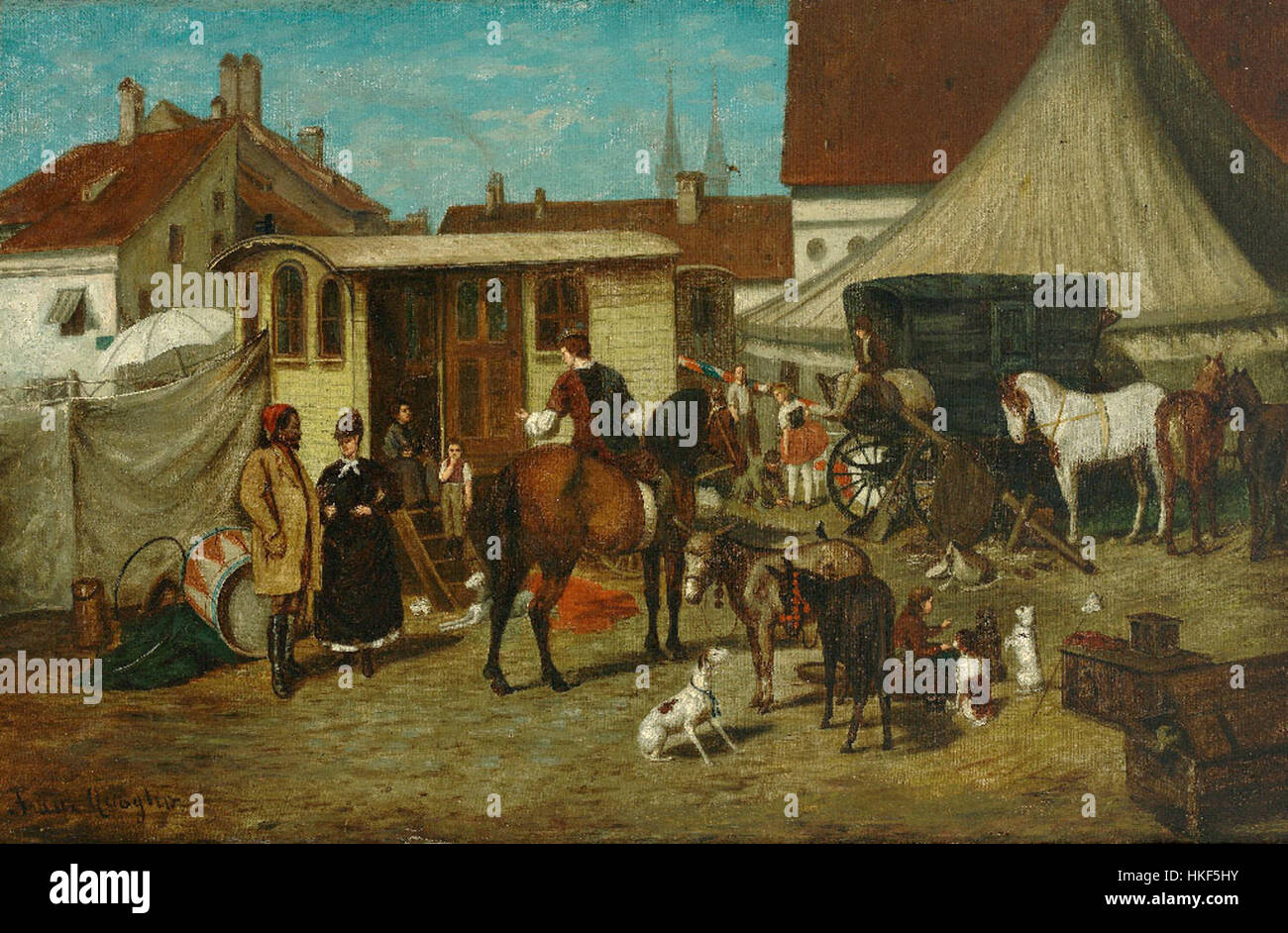 Cette peinture de Franz Quaglio capture une scène animée devant un cirque, illustrant l'atmosphère vibrante et la culture du divertissement du XIXe siècle. L'œuvre reflète le divertissement populaire de l'époque, avec des personnages dans une foule animée. Banque D'Images