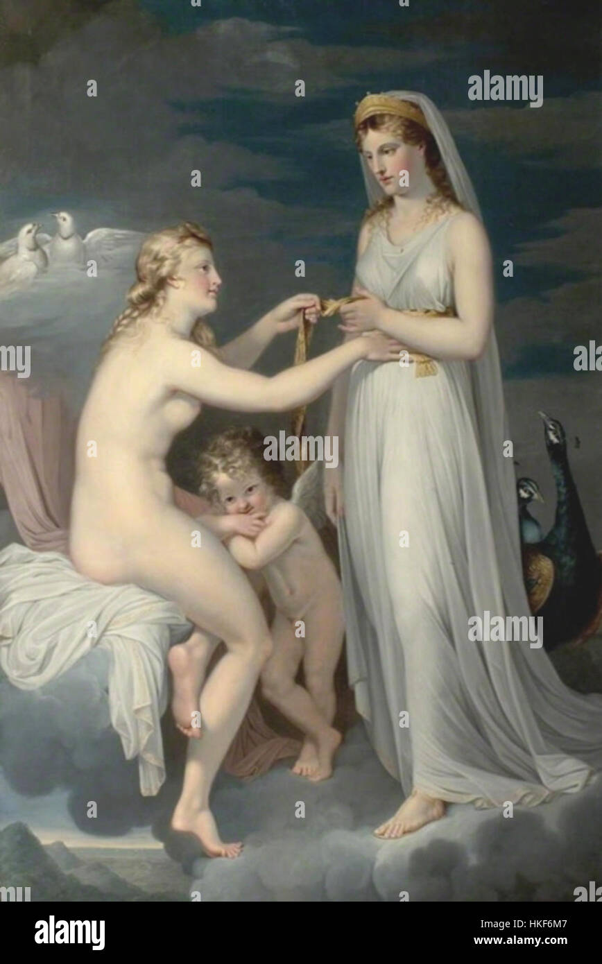 Ce tableau de Guy Head intitulé *Junon empruntant la ceinture de Vénus* illustre une scène mythologique de l’antiquité classique. Il capture le moment où Juno cherche la ceinture magique de Vénus pour améliorer sa propre beauté, mettant en valeur des thèmes classiques de la mythologie et de la beauté dans Banque D'Images