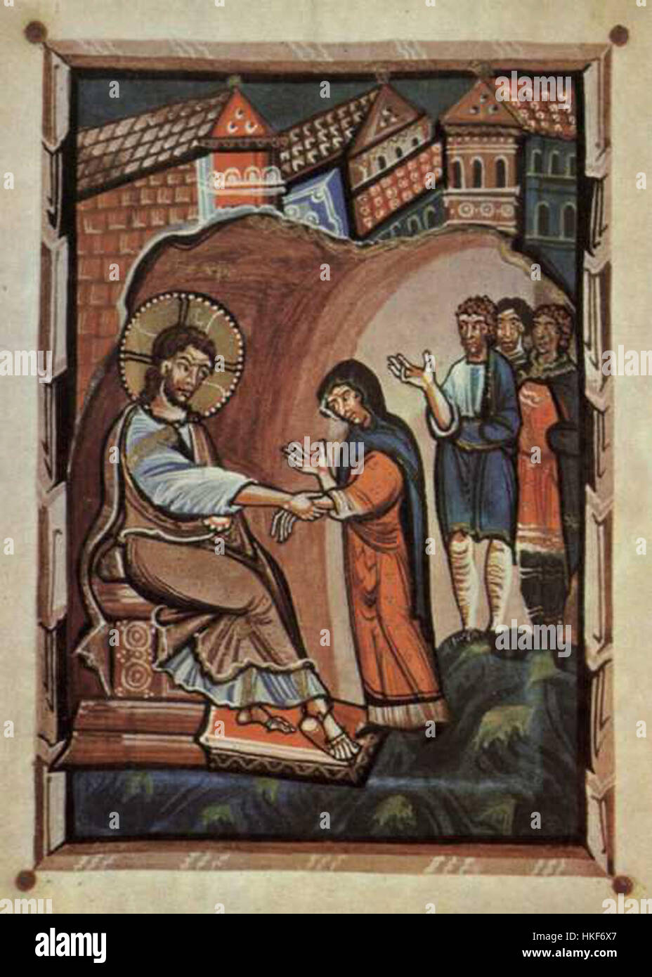Cette pièce, The Hitda Evangelarium, comprend la scène de la guérison de la belle-mère, souvent représentée dans la Bible chrétienne Il combine des thèmes religieux avec le manuscrit médiéval Banque D'Images