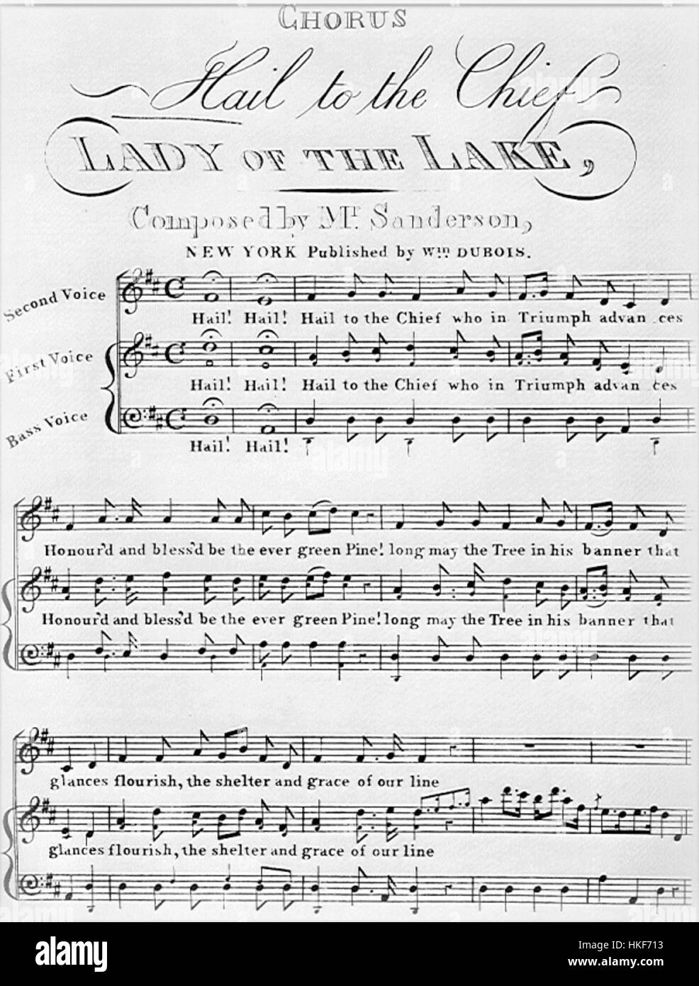 Une image de la partition de la chanson américaine populaire 'Hail to the Chief', souvent associée aux cérémonies présidentielles. L'œuvre représente la signification historique et la tradition de cet hymne patriotique. Banque D'Images