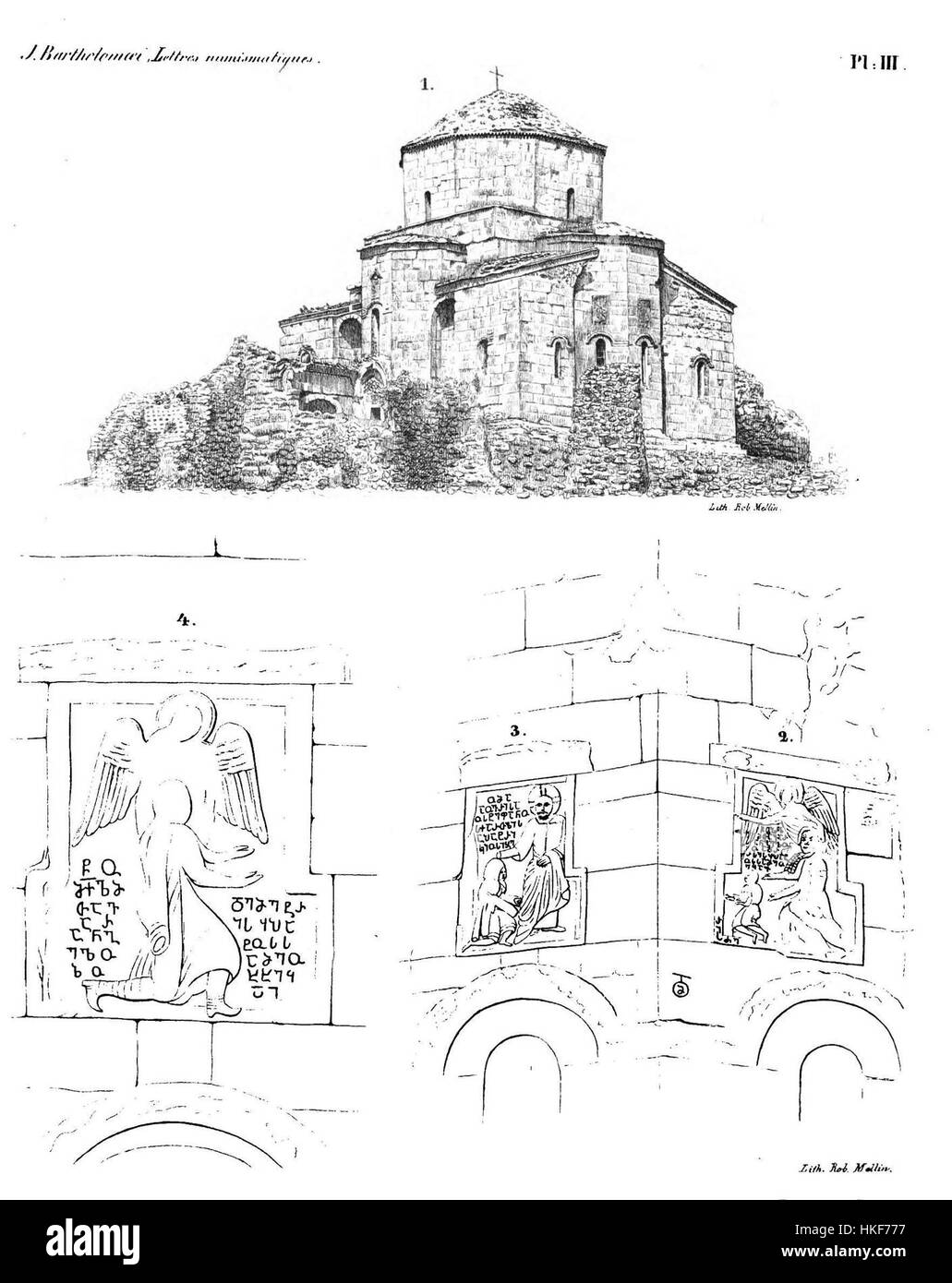 La peinture 'Sainte Croix de Mtskheta' de Bartholomaei, datée de 1859, représente un moment clé de l'histoire chrétienne, en se concentrant sur la Sainte Croix située à Mtskheta, en Géorgie. Il mélange la signification religieuse avec les techniques des beaux-arts de l'époque. Banque D'Images