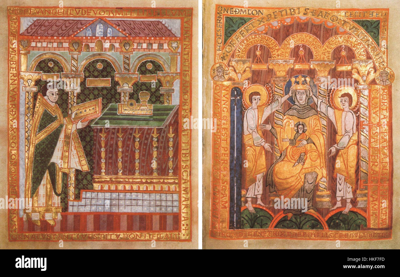 Le « Widmungsbild » du Hildesheim Bernwardevangeliar est une page manuscrite enluminée présentant des œuvres d'art religieuses complexes. Cette image du XIe siècle présente la dédicace à Saint Benoît, avec des représentations très détaillées de personnages et des couleurs vibrantes typiques de la période ottonienne. Banque D'Images