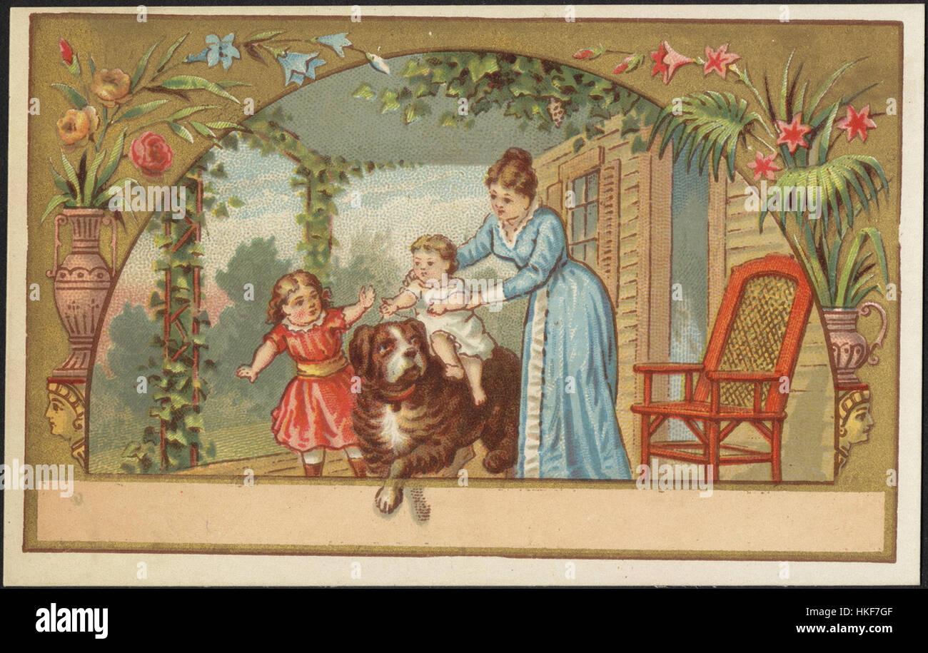 Femme avec deux enfants, une seule circonscription sur un gros chien. Banque D'Images