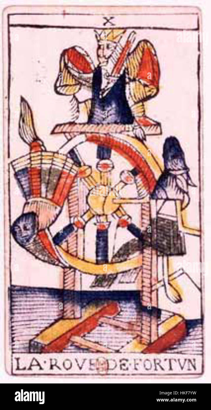 Le dessin de la carte Tarot connu sous le nom de 'Trump 10' du jeu de Tarot Jean Dodal illustre un symbole important dans la tradition du Tarot. Les images de la carte sont riches de signification symbolique, reflétant les thèmes du destin, de la fortune et de la nature cyclique de la vie. Banque D'Images