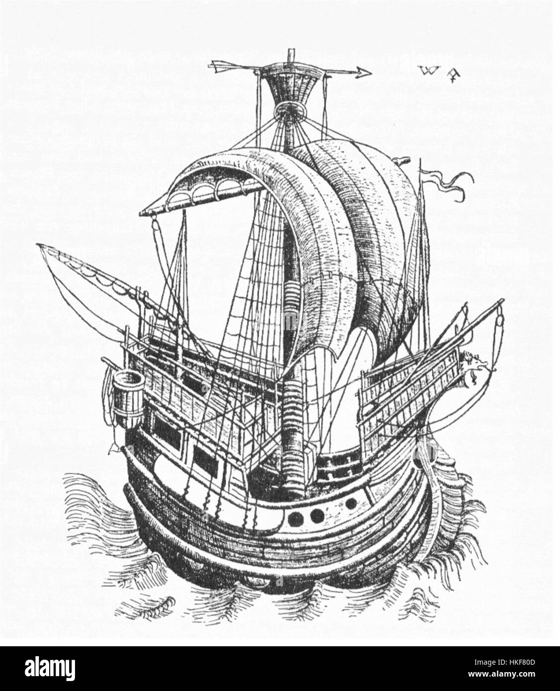 'Kogge' est une œuvre d'art représentant un type médiéval de navire, connu pour son rôle important dans le commerce européen au moyen âge. La peinture souligne probablement les détails complexes du navire, soulignant son importance historique et sa conception maritime. Banque D'Images