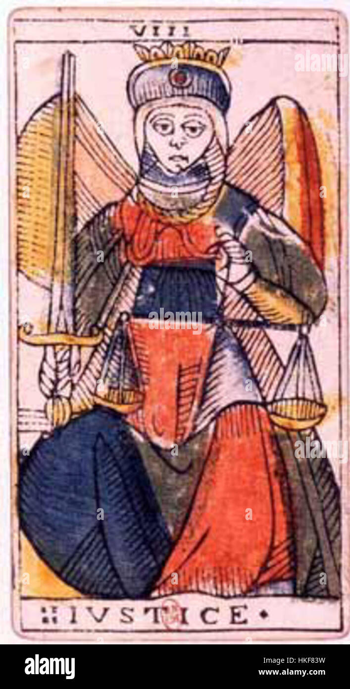 La 8e carte de Tarot de Jean Dodal, « Force », représente le thème symbolique du courage et de la détermination. L'œuvre montre une femme apprivoisant un lion, démontrant le contrôle et la force intérieure dans la tradition du Tarot. Banque D'Images