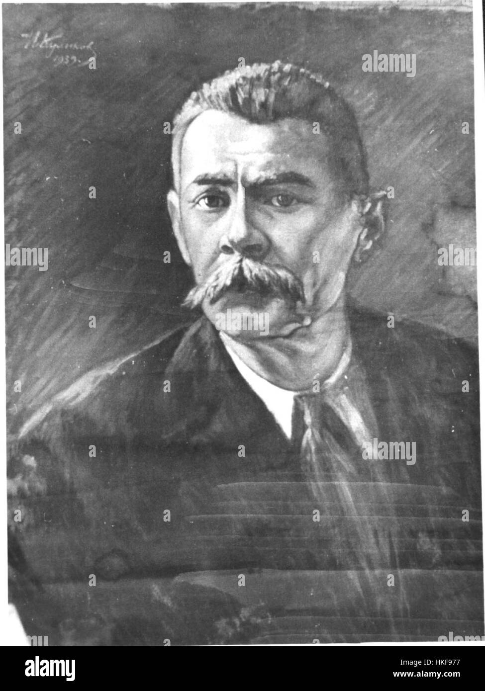 Cette peinture de 1939 de Kulikov représente l'écrivain russe Maxim Gorki, une figure importante de la littérature. L’œuvre met en évidence l’influence de Gorki sur la culture et la littérature russes au XXe siècle, reflétant son caractère et son importance pour la littérature soviétique. Banque D'Images