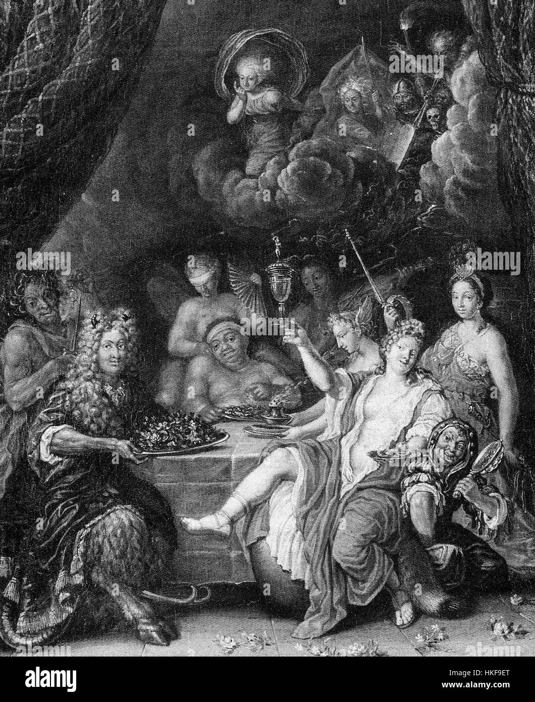 Ce portrait de Louis XIV, le Roi Soleil, illustre son immense influence durant son règne sur la France. L'œuvre capture son apparence royale, mettant en valeur son style extravagant et l'utilisation symbolique du soleil, un motif central de sa monarchie. Banque D'Images