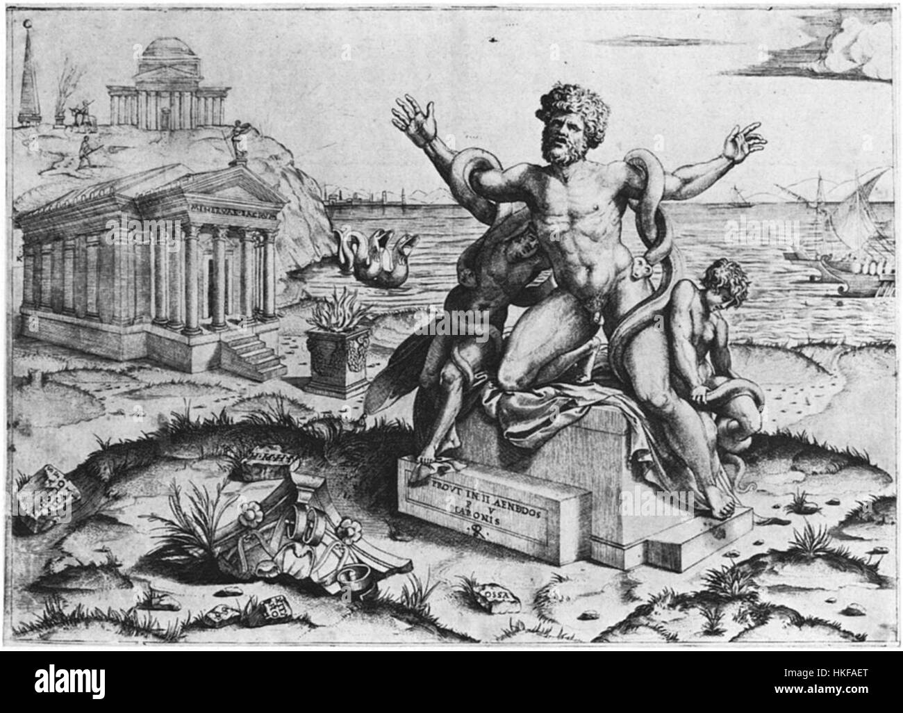 La gravure de Marco Dente 'Tod des Laokoon' (mort de Laocoon) capture le moment intense du mythe grec ancien, avec Laocoon et ses fils dans leurs derniers moments, montrant une expression dramatique et une technique de gravure fine. Banque D'Images