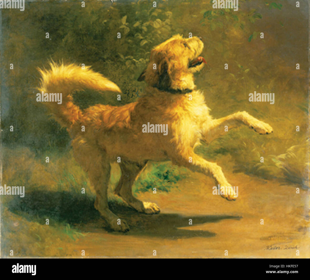 Tableau d'un chien sautant, intitulé *Springender Hund*, créé en 1856. Ce travail met en valeur le mouvement dynamique de l'animal, capturé dans une pose à mi-mouvement, mettant l'accent sur la vitalité et l'énergie. Banque D'Images