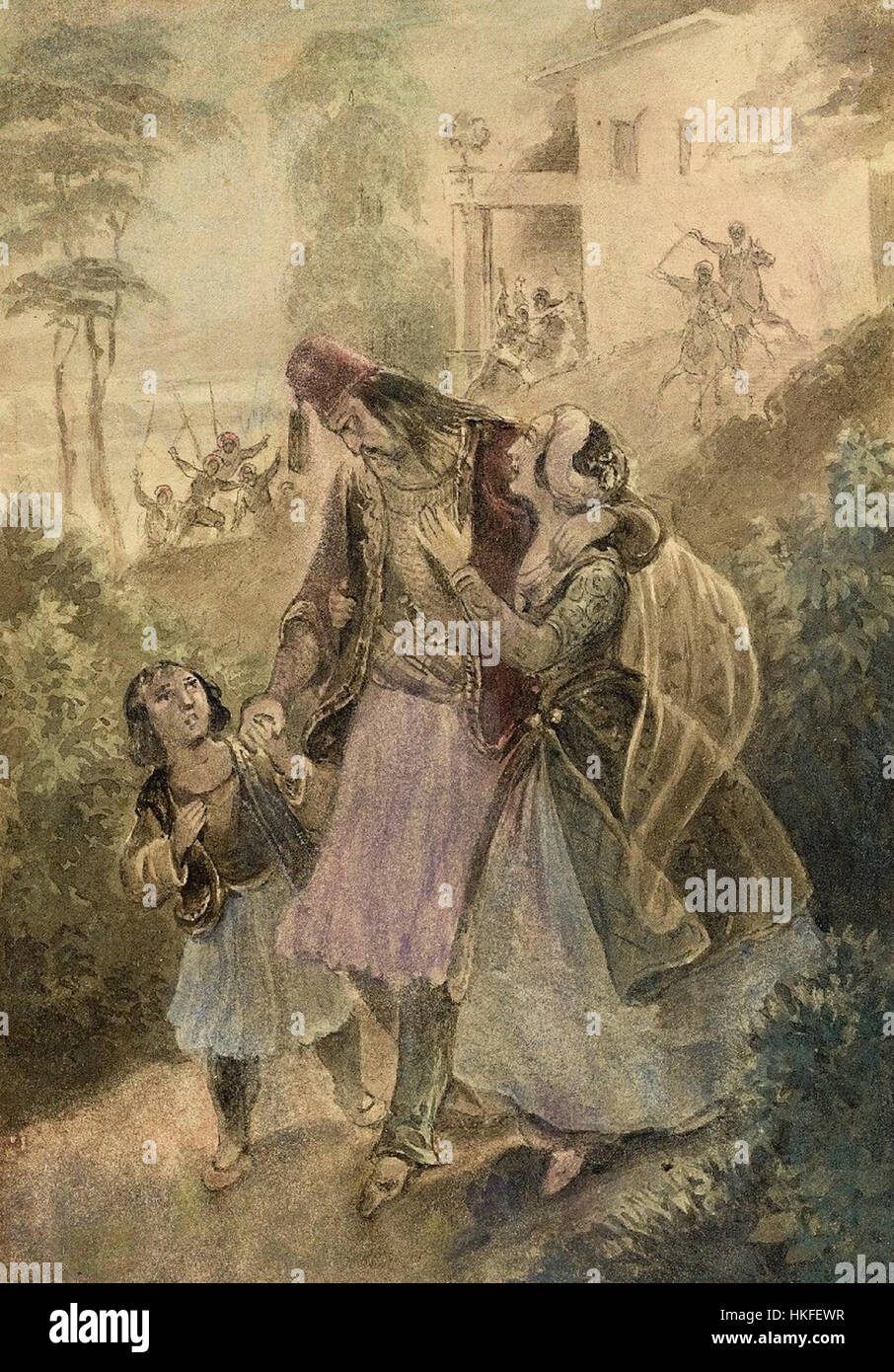 Ce tableau de 1847 représente une scène de la guerre d'indépendance grecque, illustrant la lutte des rebelles grecs luttant pour la libération de l'Empire ottoman. L’œuvre saisit l’importance émotionnelle et historique de ce conflit crucial dans l’histoire grecque. Banque D'Images