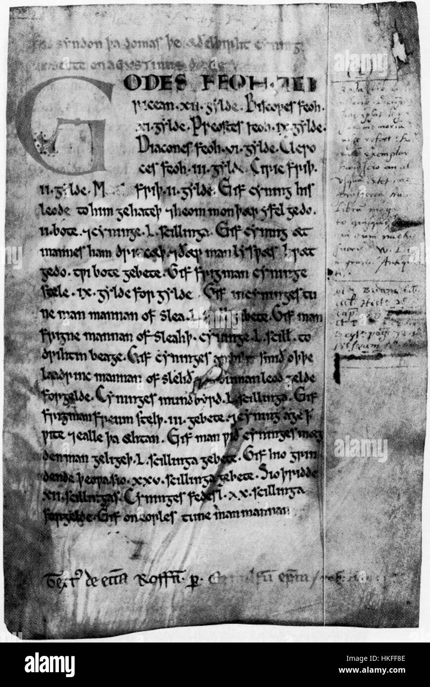 Textus Roffensis est un important manuscrit médiéval conservé à la cathédrale de Rochester. C'est l'un des plus anciens manuscrits de la chronique anglo-saxonne, contenant des textes historiques écrits en vieil anglais. Banque D'Images