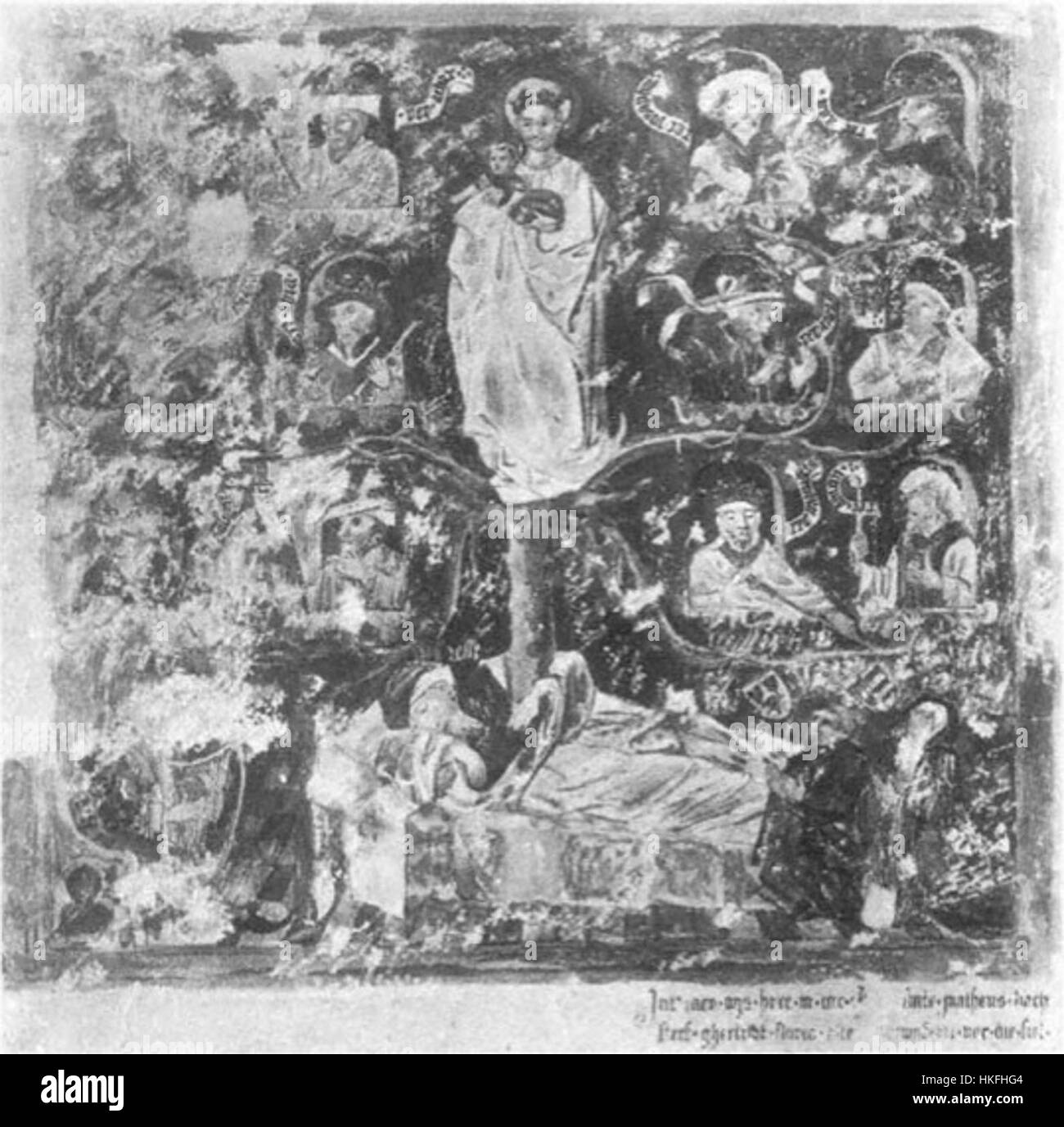 'L'arbre de Jesse' est un vitrail médiéval dans le Buurkerk, Utrecht, illustrant la généalogie biblique de Jésus-Christ. L’œuvre, chef-d’œuvre de l’art religieux gothique, retrace la lignée du Christ depuis Jesse de Bethléem. Banque D'Images