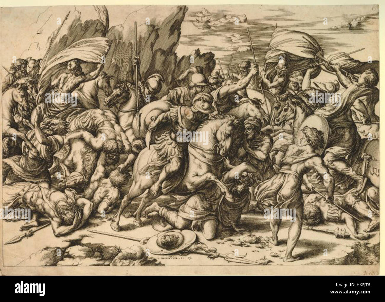 Cette gravure de Marcantonio Raimondi, basée sur un dessin de Raphaël, représente la *Vierge à l’enfant*. Il s’agit d’une reproduction de l’œuvre de Raphaël, mettant en valeur la qualité de l’estampe de la Renaissance et les détails complexes de l’iconographie religieuse. Banque D'Images