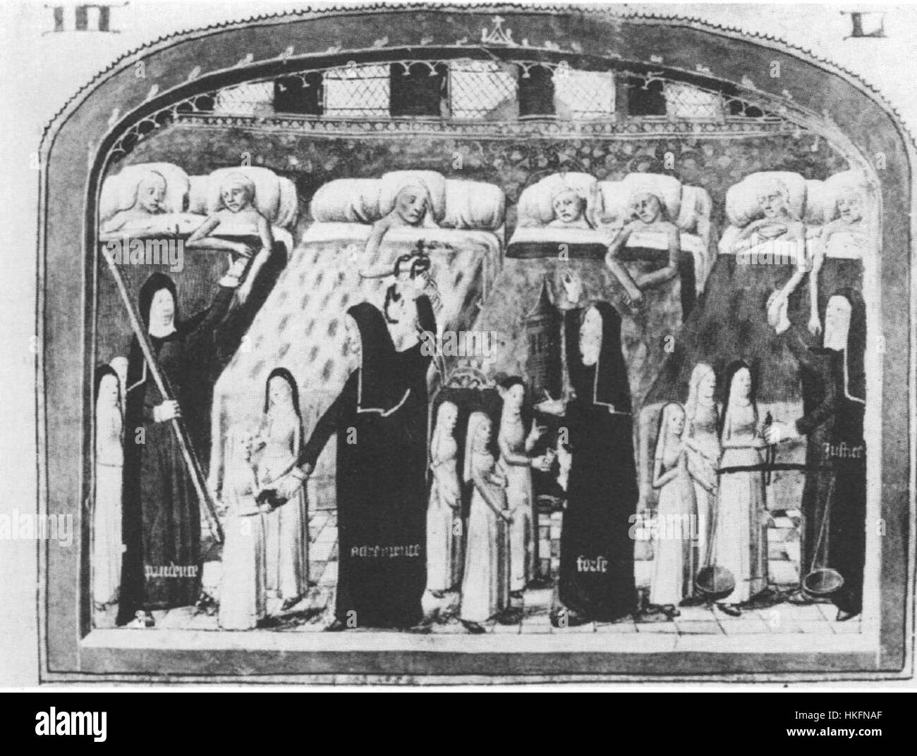 Cette peinture représente des patients dans leurs lits à l’Hôtel Dieu, un hôpital emblématique. L’œuvre explore les thèmes de la souffrance et des soins, illustrant les pratiques médicales du XVIIIe siècle et la compassion apportée aux patients à une époque où la technologie médicale est limitée. Banque D'Images