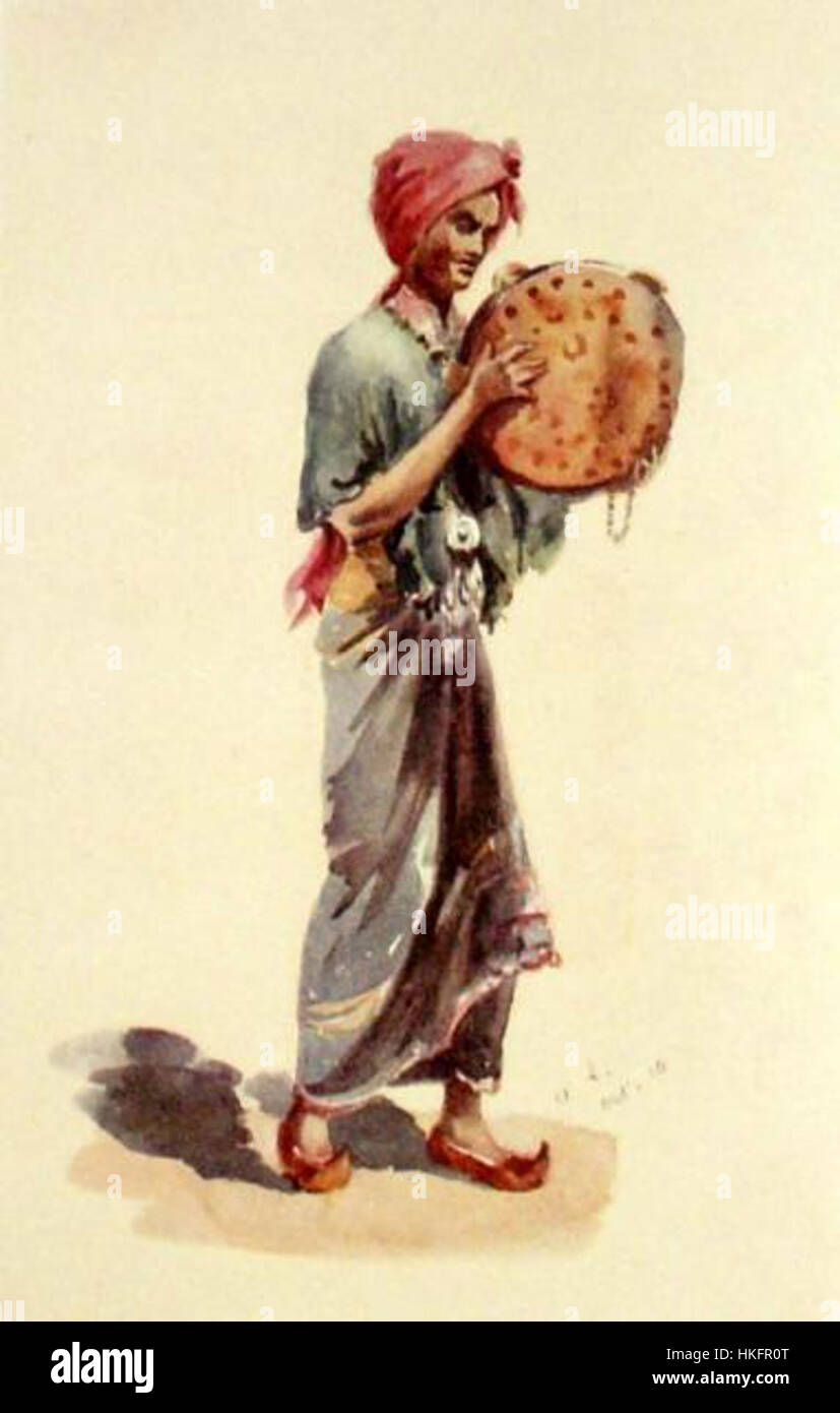 Une œuvre d'art représentant un musicien hindou, représentant probablement la culture musicale indienne traditionnelle. La peinture capture la posture, la tenue vestimentaire et l’instrument du musicien, soulignant les riches traditions artistiques et musicales de l’Inde. Banque D'Images