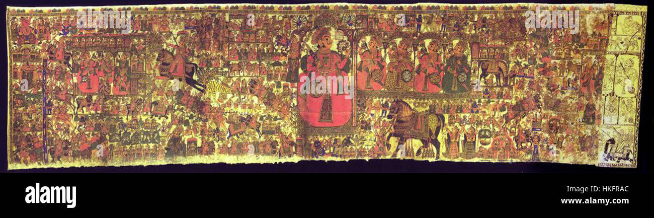 Cette peinture raconte le récit du héros populaire du Rajasthani Pabuji, souvent utilisé par les conteurs dans les spectacles traditionnels. L'œuvre représente des scènes clés de sa légende, soulignant ses actes héroïques et son importance culturelle au Rajasthan. C'est un exemple d'art narratif indien, mêlant histoire et narration visuelle. Banque D'Images