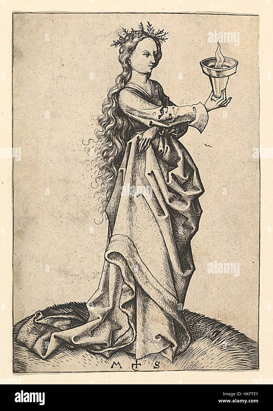 La gravure de Martin Schongauer, « Die dritte Kluge Jungfrau (la troisième Vierge sage) », est une scène religieuse détaillée du XVe siècle. Il dépeint un moment de la parabole des dix Vierges, capturant le moment de perspicacité spirituelle et de préparation. Banque D'Images