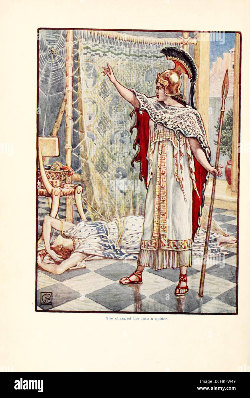 L'œuvre 'She Changed Her into Spider' illustre un thème de transformation, explorant peut-être des éléments mythiques ou fantastiques. La pièce est créée à l'aide de médiums traditionnels comme la peinture ou le dessin, reflétant l'imagination artistique et la narration sous forme visuelle. Banque D'Images