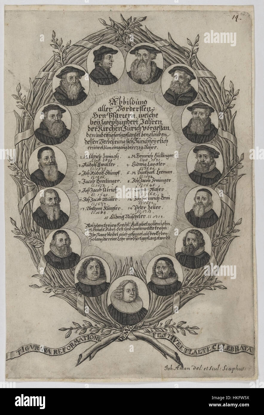 Les « Antistes de Zurich » est une peinture représentant le leader ecclésiastique de Zurich. L'œuvre met en évidence le rôle religieux des Antistes, le chef religieux de la ville pendant la période de la réforme, et représente des personnages historiques du passé religieux de Zurich. Banque D'Images