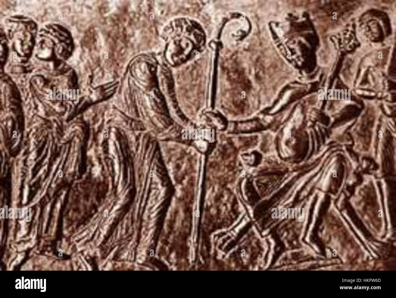 Cette œuvre d'art dépeint le moment historique où l'empereur Otton II a nommé un évêque. La scène reflète la signification politique et religieuse de l'époque, soulignant le rôle de l'empereur dans les affaires ecclésiastiques pendant la période médiévale. Banque D'Images