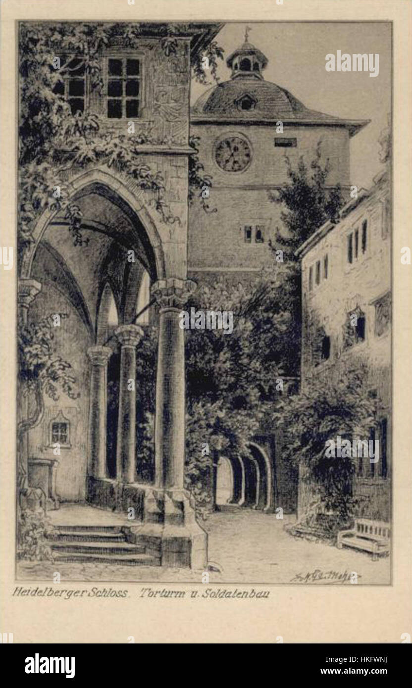 Une œuvre d'art de la tour Heidelberg ('Torturm'), capturant l'architecture historique et l'importance culturelle de ce célèbre monument. Cette pièce reflète la beauté et l'importance de la tour dans le contexte de l'histoire européenne et de sa grandeur architecturale. Banque D'Images