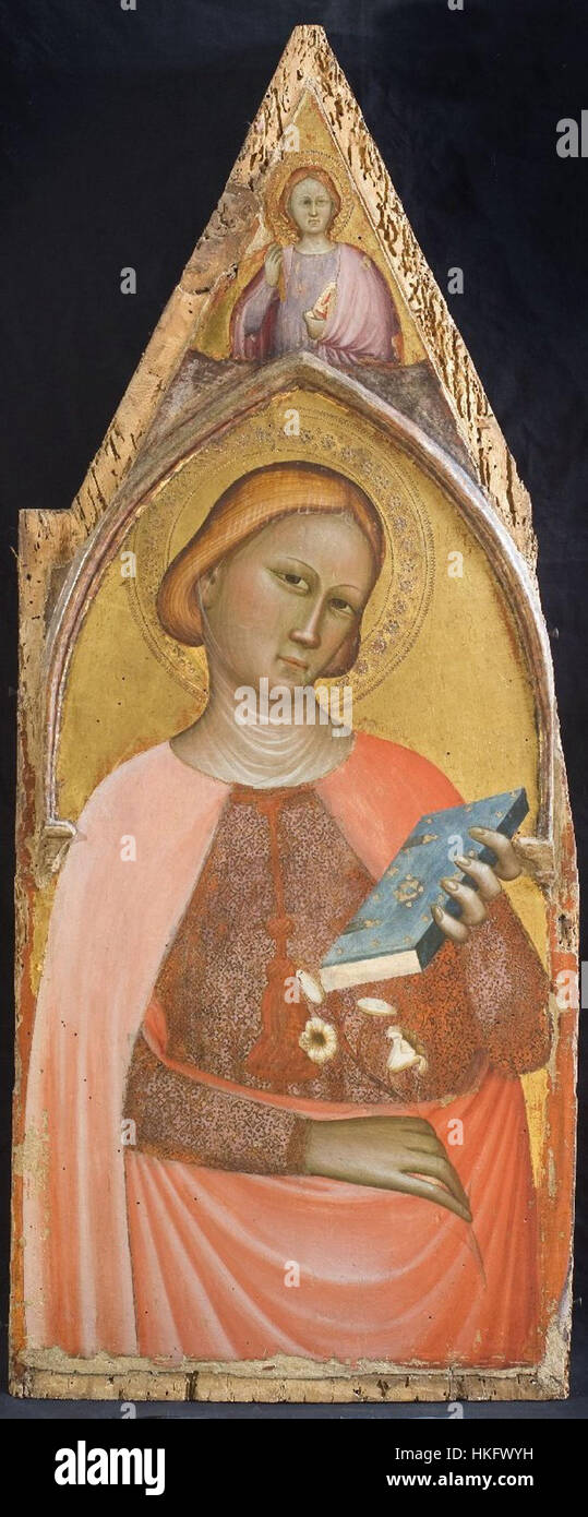 Cette œuvre, *Santa* (1350-1360), fait partie d'un polyptyque de la Galleria Nazionale dell'Umbria, représente des religieux médiévaux La peinture représente un saint dans une dévotion sereine, reflétant le focus spirituel de l'époque. Banque D'Images