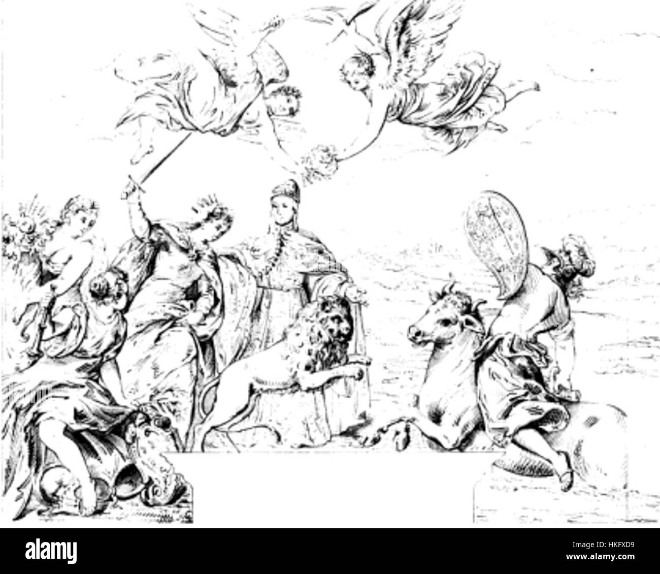 Cette peinture italienne intitulée 'Allegoria della vittoria sulla Lega di Cambrai' représente la victoire de la République de Venise sur la Ligue de Cambrai, un événement important dans la politique européenne du début du XVIe siècle. L'œuvre incarne le triomphe et le symbolisme du pouvoir vénitien. Banque D'Images
