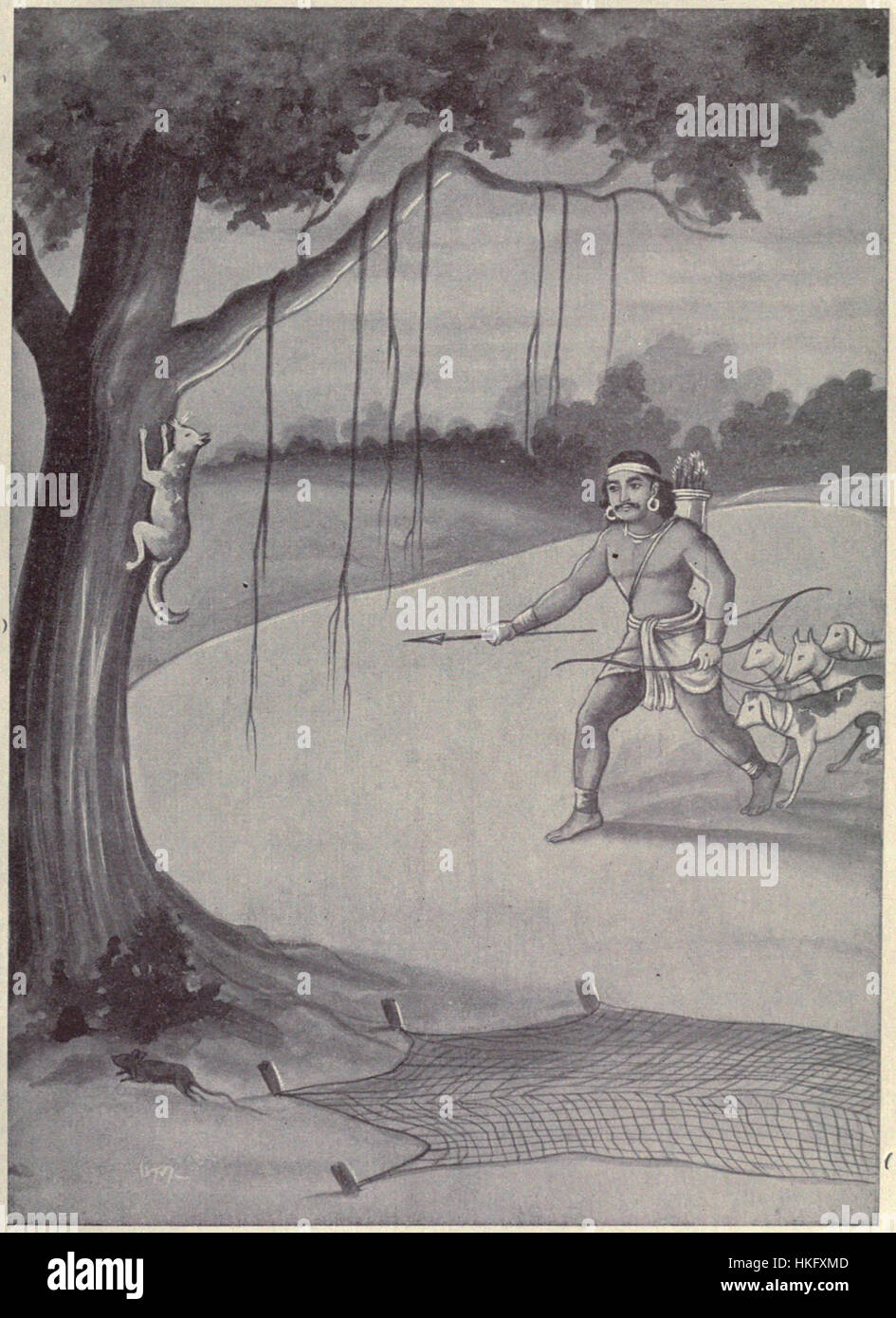 Une œuvre fantaisiste en relief représentant un chat, un chasseur et une souris. La pièce illustre un scénario ludique où le chat reçoit l'aide de la souris, mêlant fantaisie avec des motifs animaux traditionnels. Banque D'Images