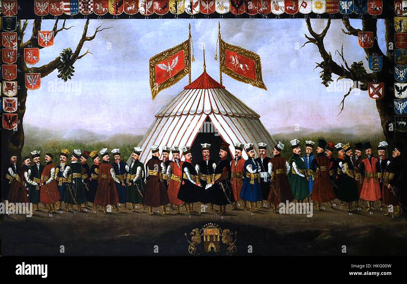 Cette peinture représente les szlachta, la classe noble de la République polono-lituanienne, dans leurs costumes traditionnels. Il met en évidence la tenue distinctive des différentes voïvodies, représentant la diversité de la culture et du patrimoine du Commonwealth au cours des XVIIe et XVIIIe siècles. Banque D'Images