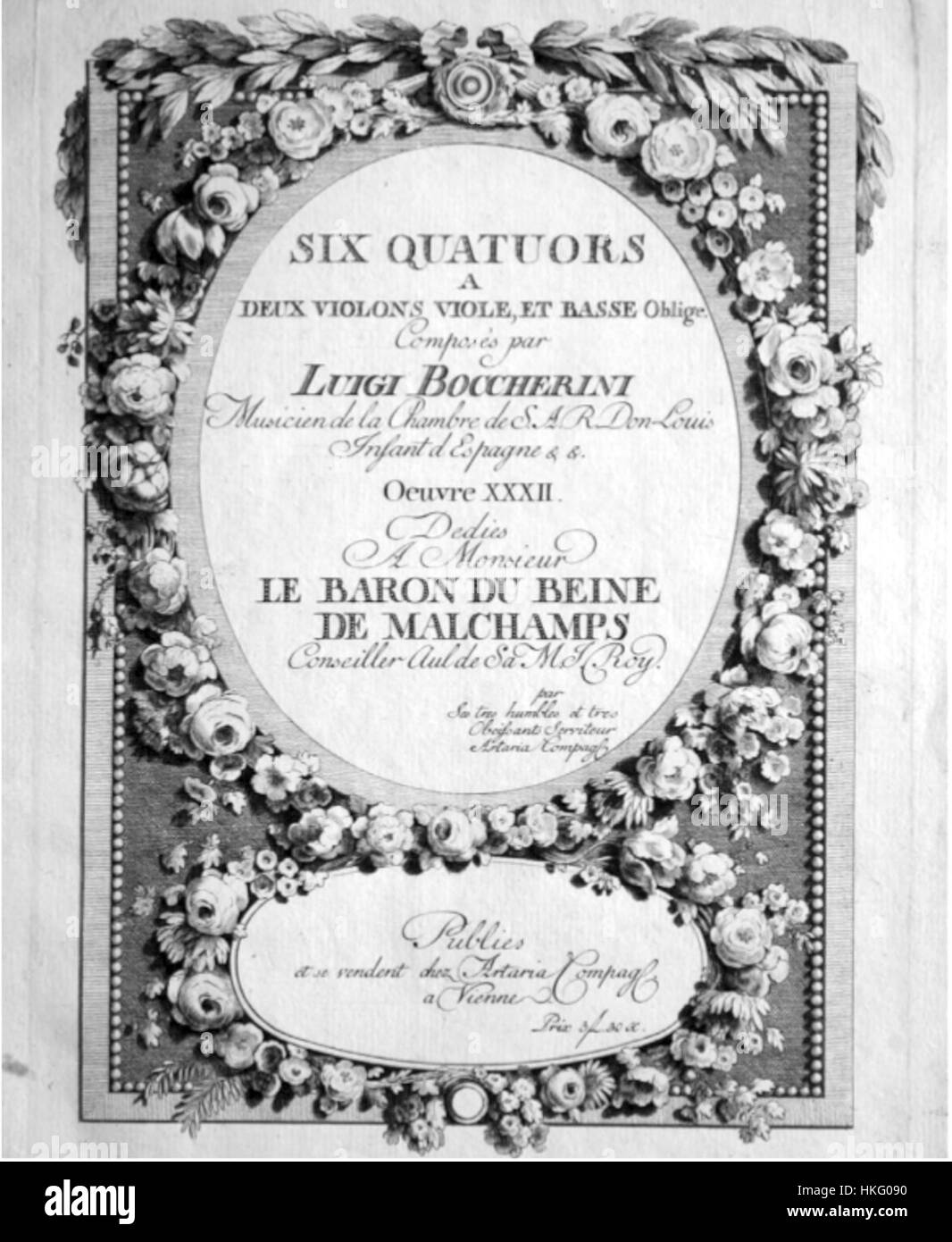 Le frontispice des Quatuors op. 26 de Boccherini, édité dans Ataria op. 32, fournit une représentation visuelle de la musique de chambre du compositeur italien. L'image reflète l'importance historique des contributions de Boccherini à la musique classique, en particulier dans les compositions de quatuor à cordes. Banque D'Images