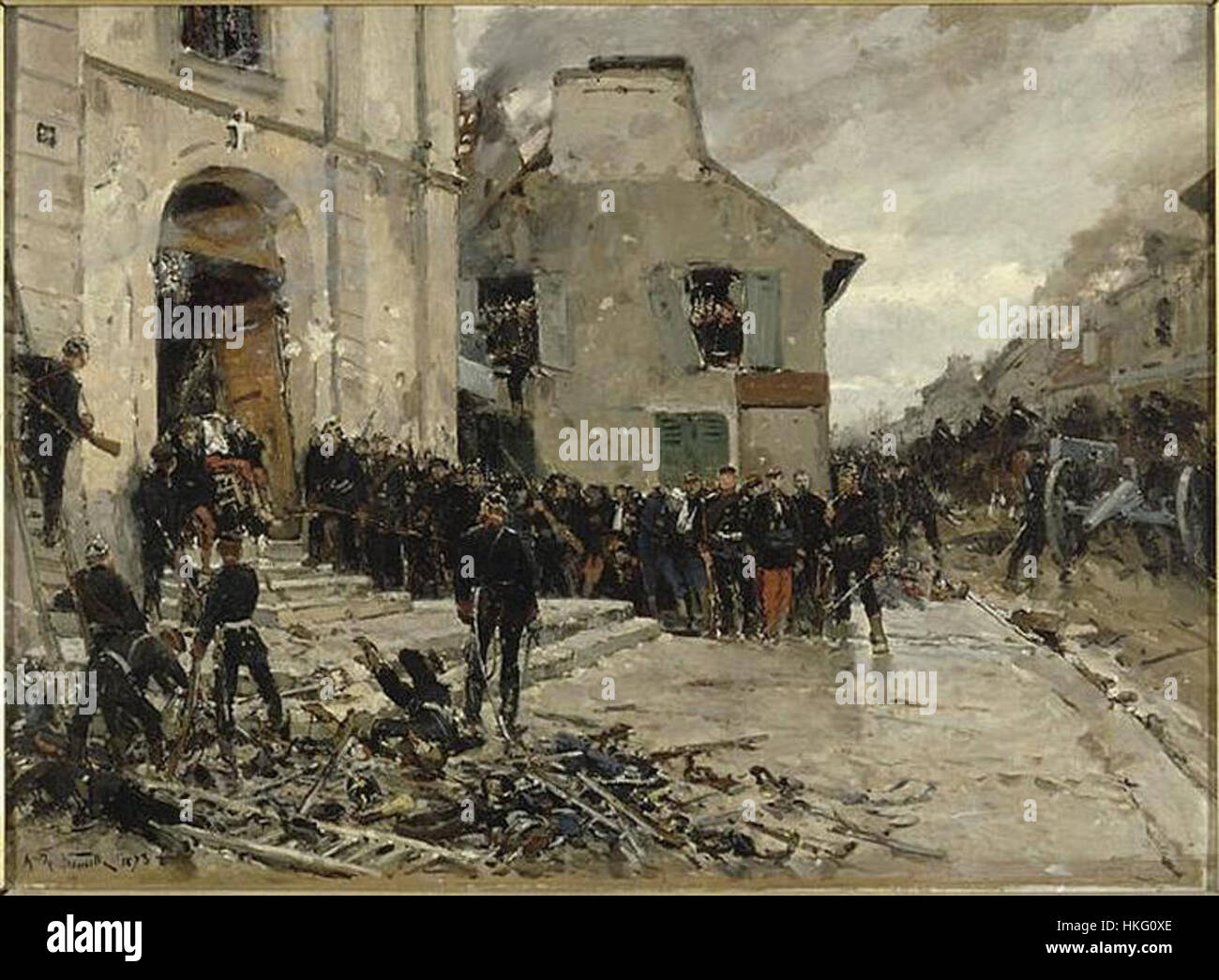 « Le Bourget, 30 octobre 1870 » d’Alphonse de Neuville dépeint les événements dramatiques entourant la défaite française dans la guerre franco-prussienne. La peinture capture l'humeur sombre du champ de bataille avec un réalisme poignant, reflétant le contexte historique de la France du XIXe siècle pendant la guerre. Banque D'Images