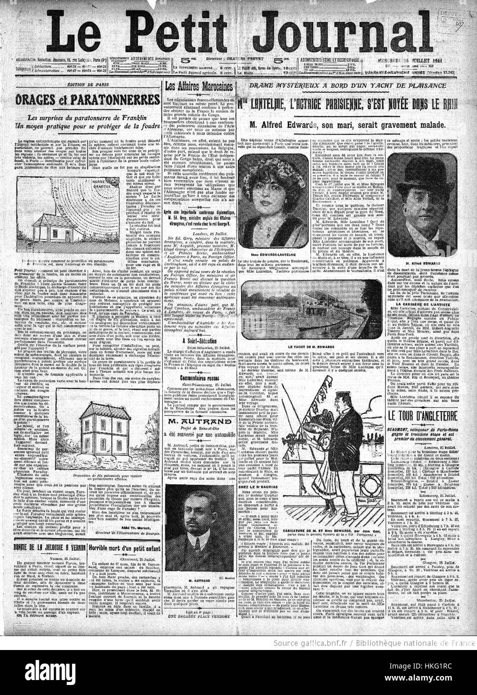 Une illustration en première page du 'petit Journal' datée du 26 juillet 1911, mettant en valeur un événement historique majeur ou un moment culturel de l'époque. Le journal a été influent en France au début du XXe siècle. Banque D'Images